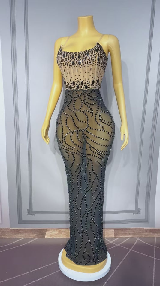 Bianfuyi Black Rhinestone Strapless Color-Blocked Maxi Dress