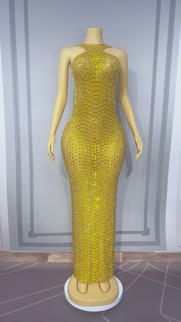 Liusixian Full Gold Rhinestone Halter Neck Dress