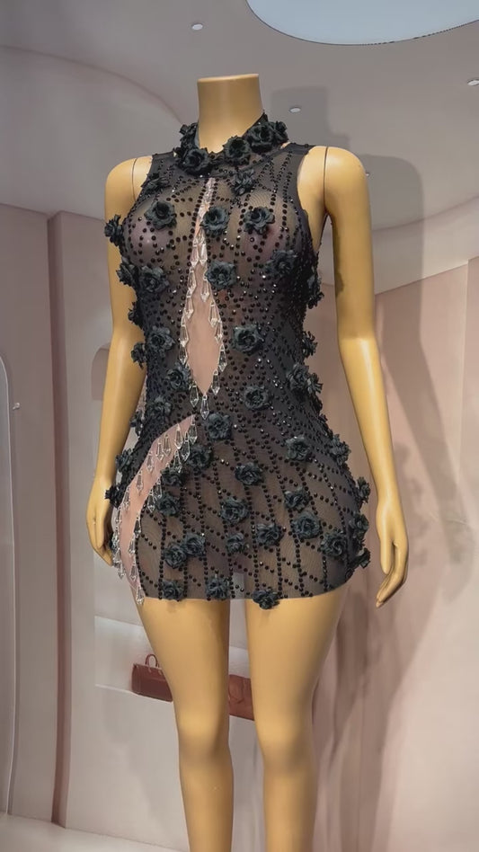 Heiguang Balck Floral Crystal Pendant Dress