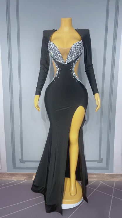 Wuyu Shoulder-padded Mermaid Dress with Openwork Detailing and High Slit