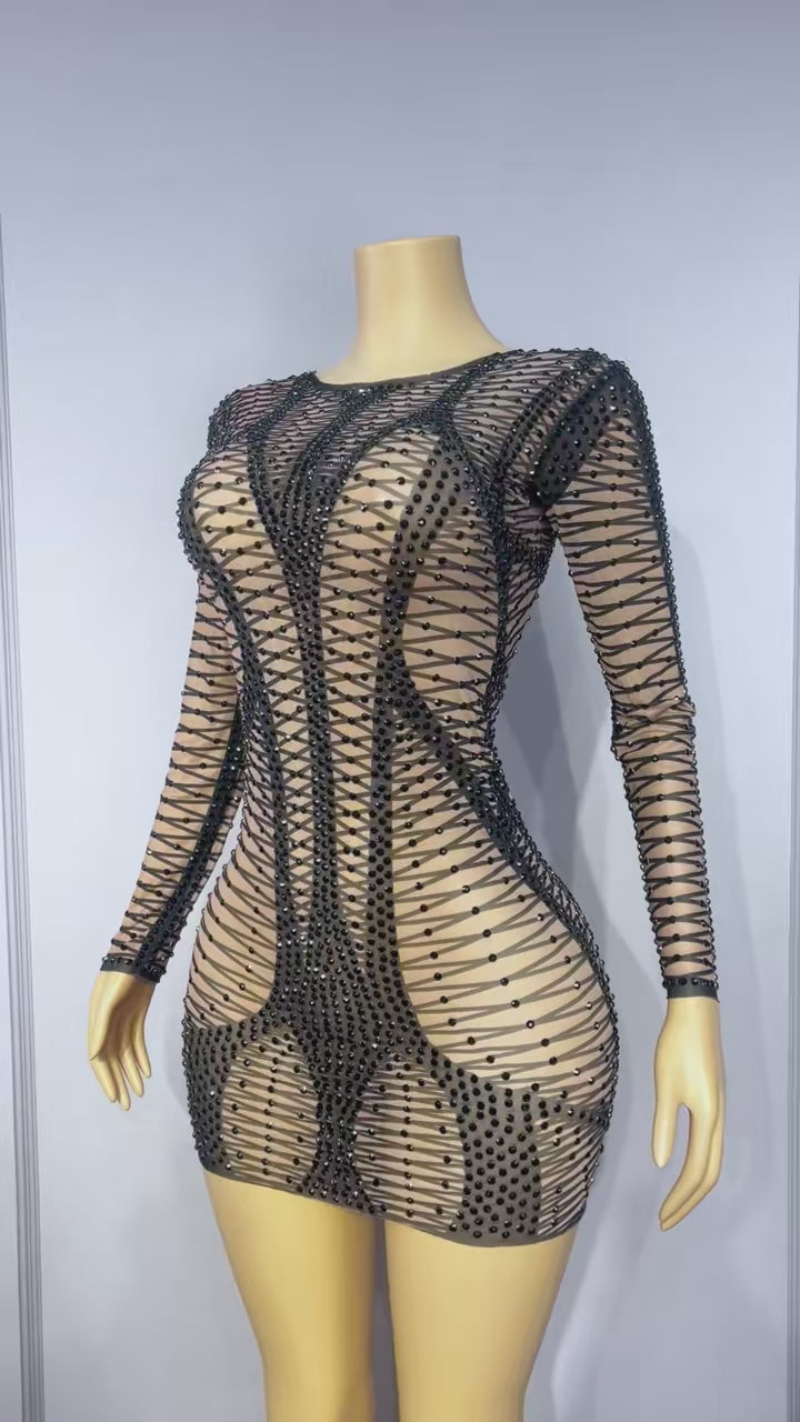 CELESINYI Hedianxian Crystal Black Wire Mini Dress