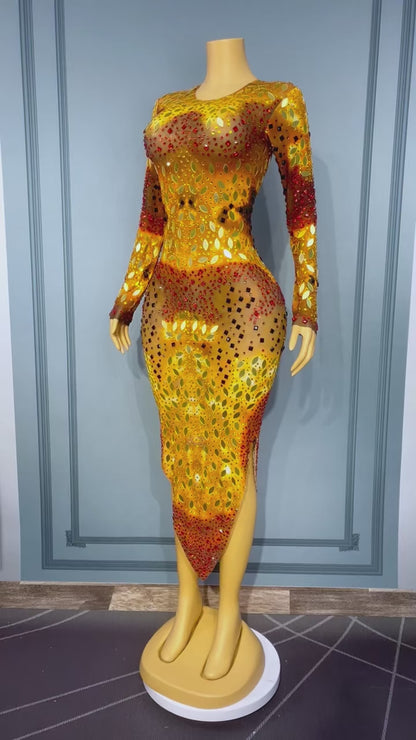 Jinwu Mirror-effect Rhinestone Long-sleeve Dress