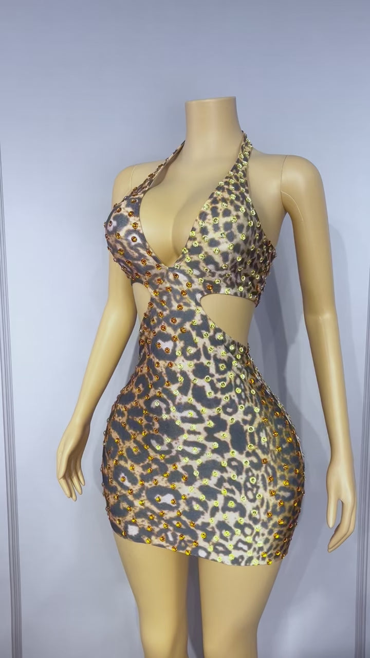 CELESINYI Weibobao Crystal Leopard Halter Mini Dress