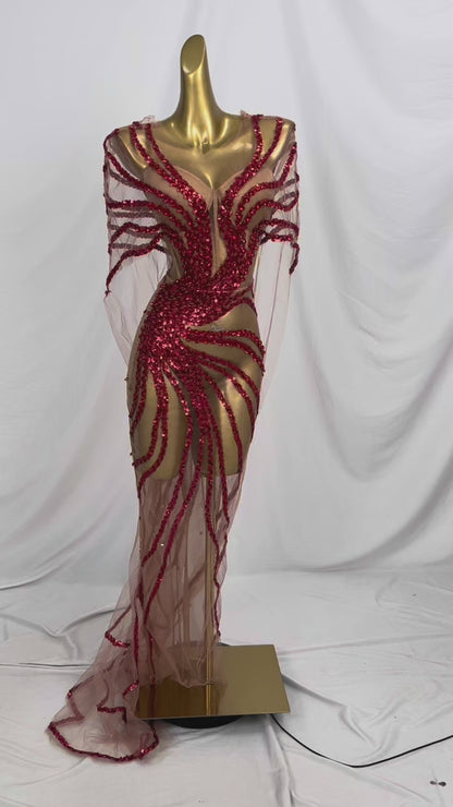 Dongmai  Perspective Red Glitter Sequin Evening Prom Dress