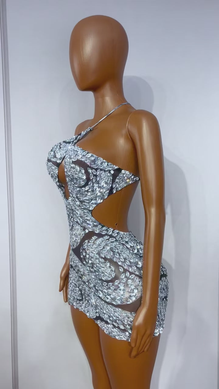 CELESINYI Raobaishe Crystal Cutout Mini Dress