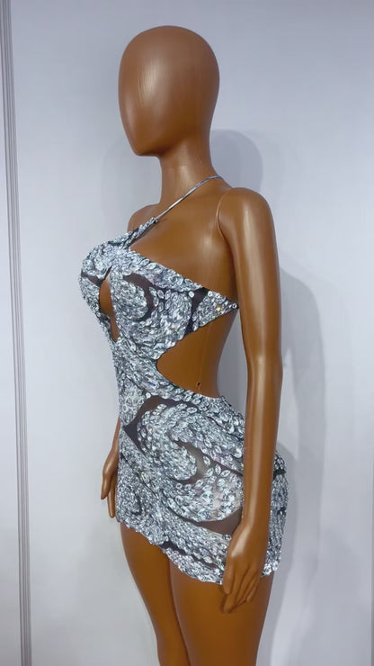 CELESINYI Raobaishe Crystal Cutout Mini Dress