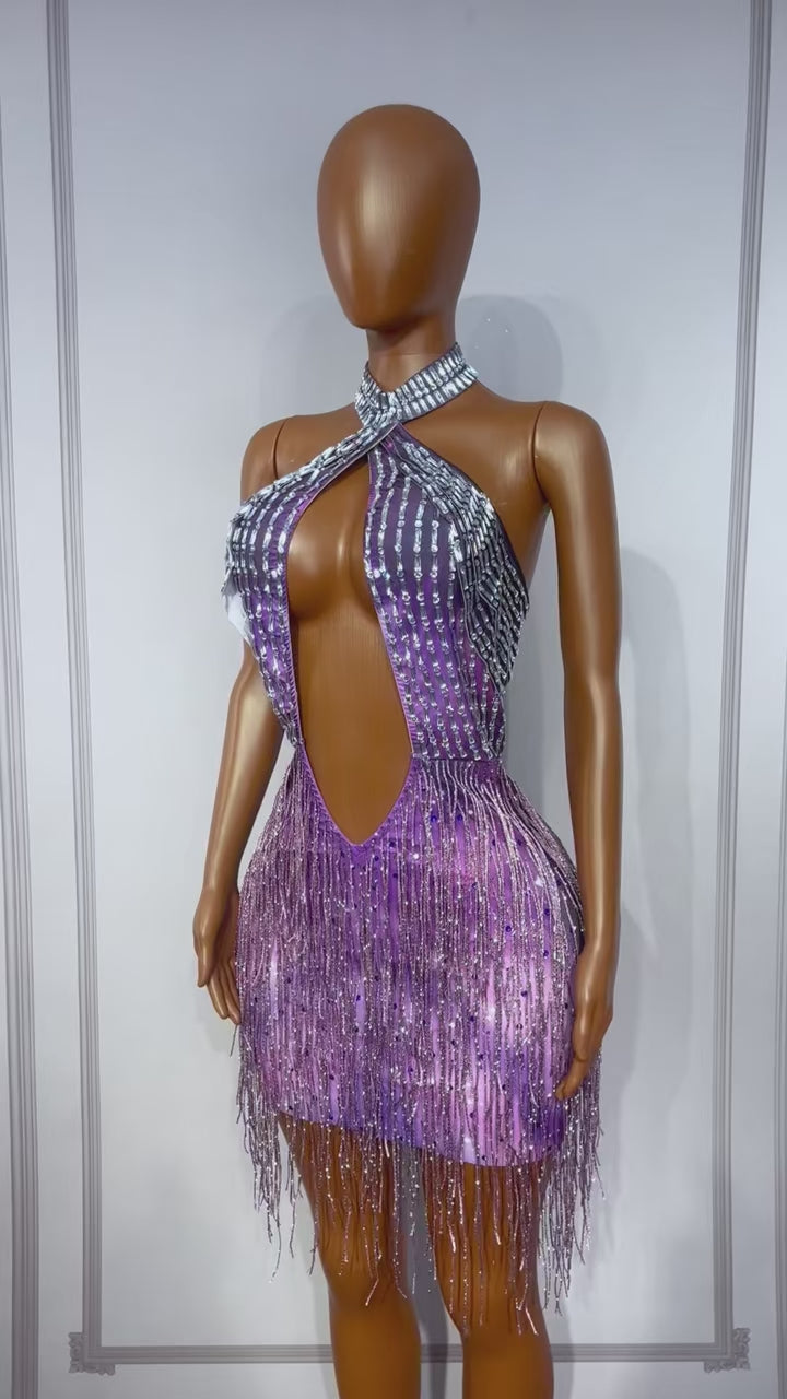 CELESINYI Ziyangguang Crystal Purple Fringe Mini Dress