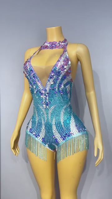 Xingyueye Hollow-out Suspender Sequin Diamond Chain Bodysuits