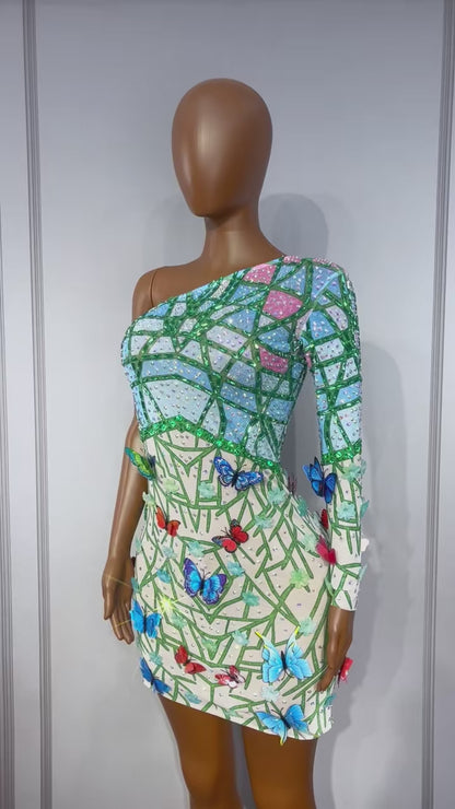 CELESINYI Hudiehuaban Crystal Butterfly Print Dress