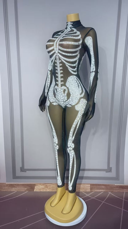 Xiaogutou Skeleton Rhinestone Jumpsuit