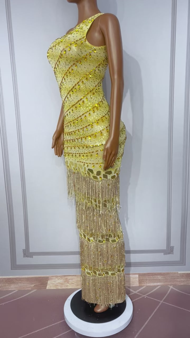 CELESINYI Jinxiansi Crystal Gold Mirror Fringe Gown