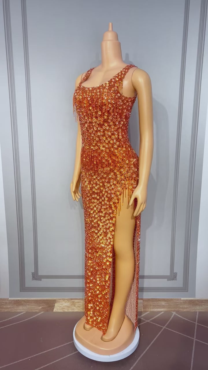 CELESINYI Ganju Crystal Orange Beaded Gown
