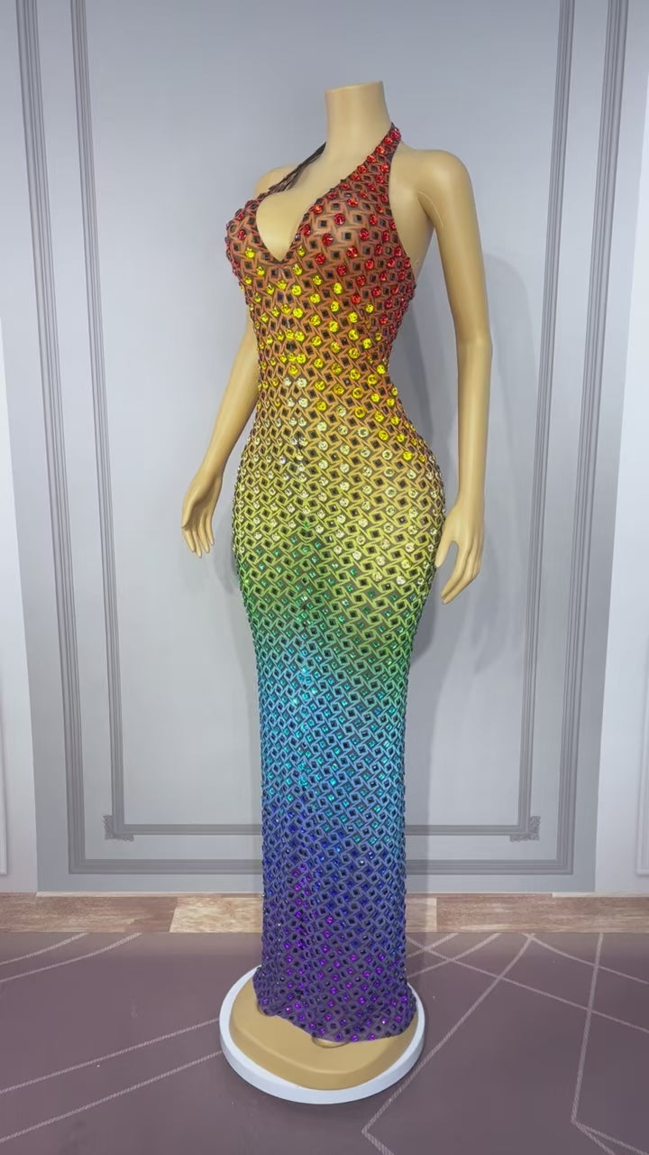 CELESINYI Qicailiulijia Rainbow Crystal Mesh Gown