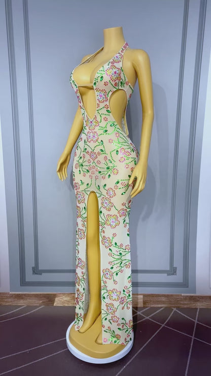 Lvhuaduo Diamond Floral High-Slit Strapless Maxi Dress