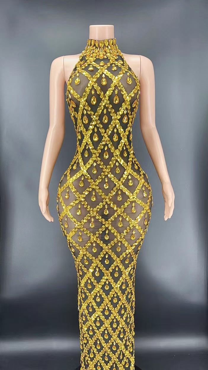 Sexy Mesh See Through Crystal Sequin Evening Party Dress