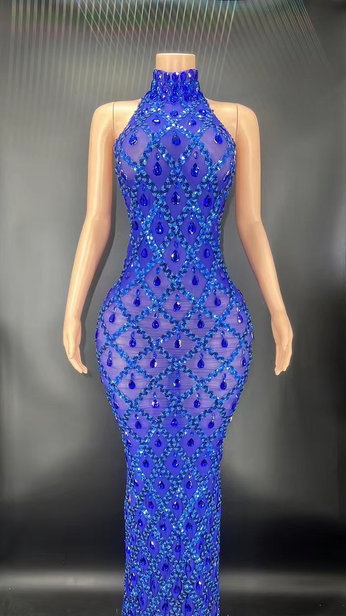 Sexy Mesh See Through Crystal Sequin Evening Party Dress