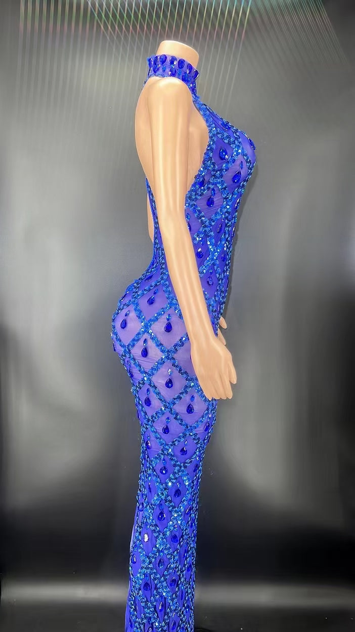 Sexy Mesh See Through Crystal Sequin Evening Party Dress