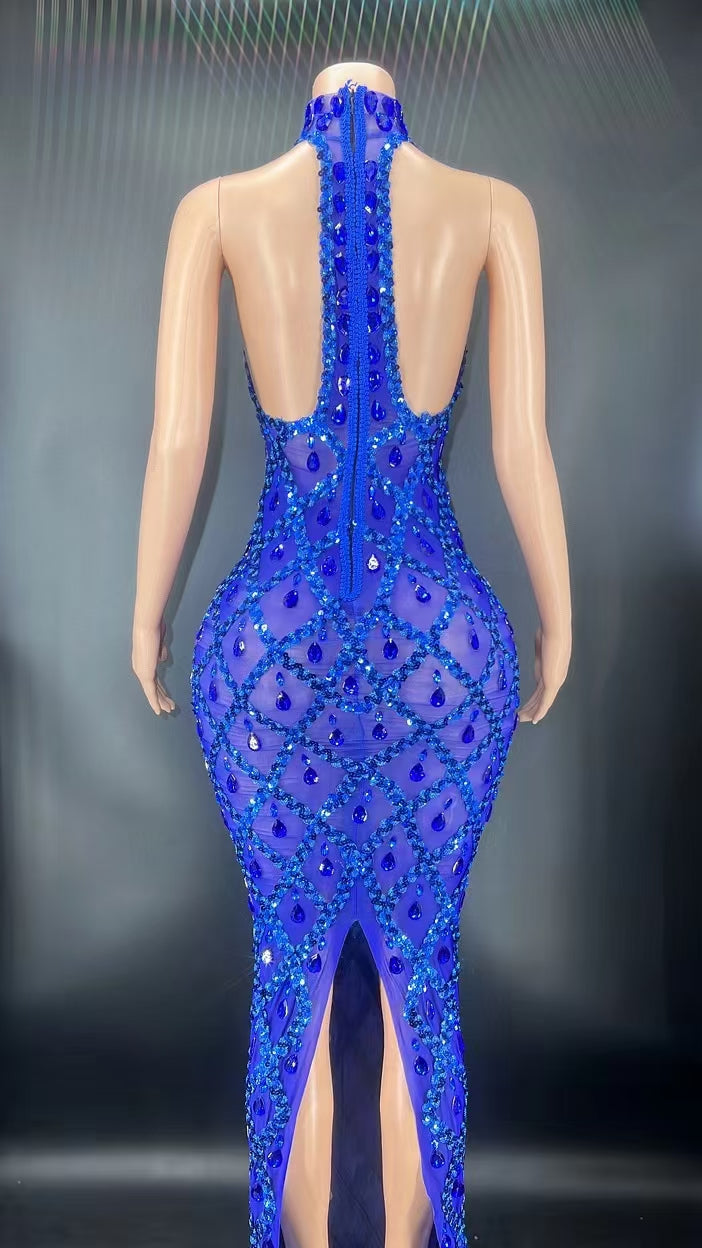 Sexy Mesh See Through Crystal Sequin Evening Party Dress